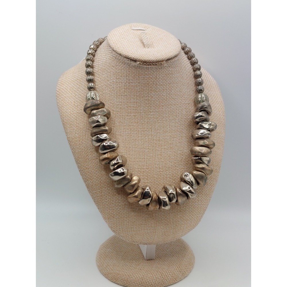 1970s Chunky Necklace Sculptural Nugget Silver Tone Boho Artisan Vintage Retro